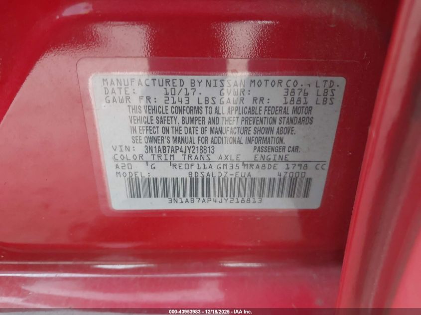 2018 Nissan Sentra Sv VIN: 3N1AB7AP4JY218813 Lot: 43953983
