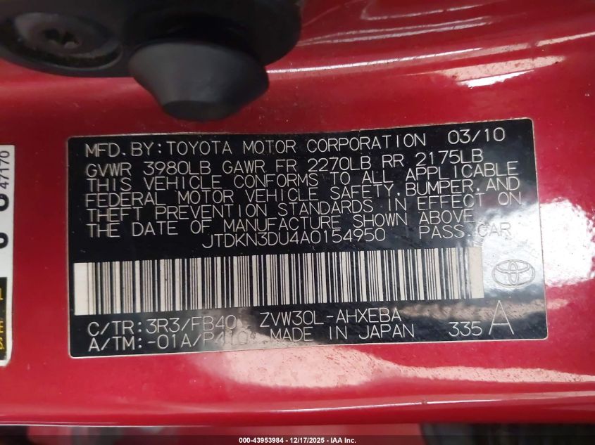 2010 Toyota Prius Ii VIN: JTDKN3DU4A0154950 Lot: 43953984