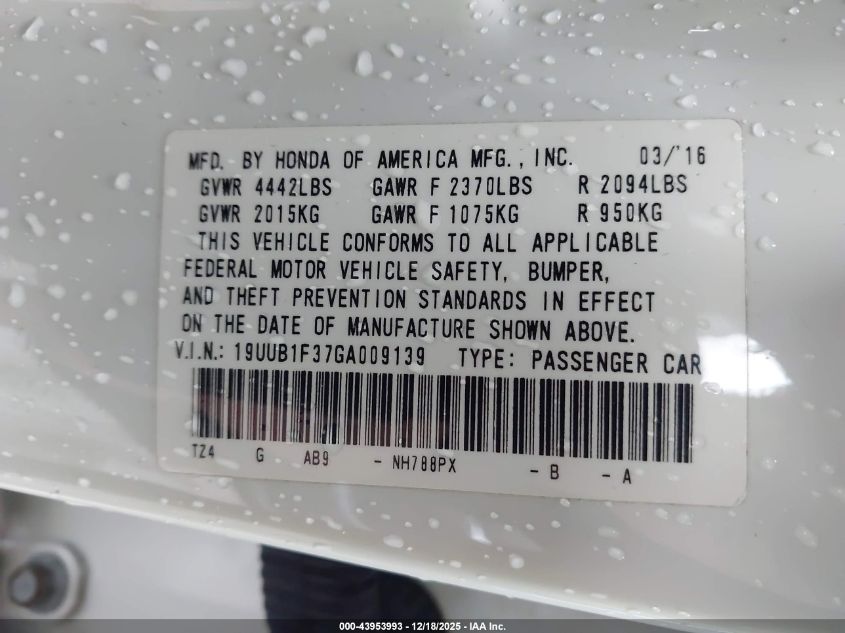 2016 Acura Tlx VIN: 19UUB1F37GA009139 Lot: 43953993