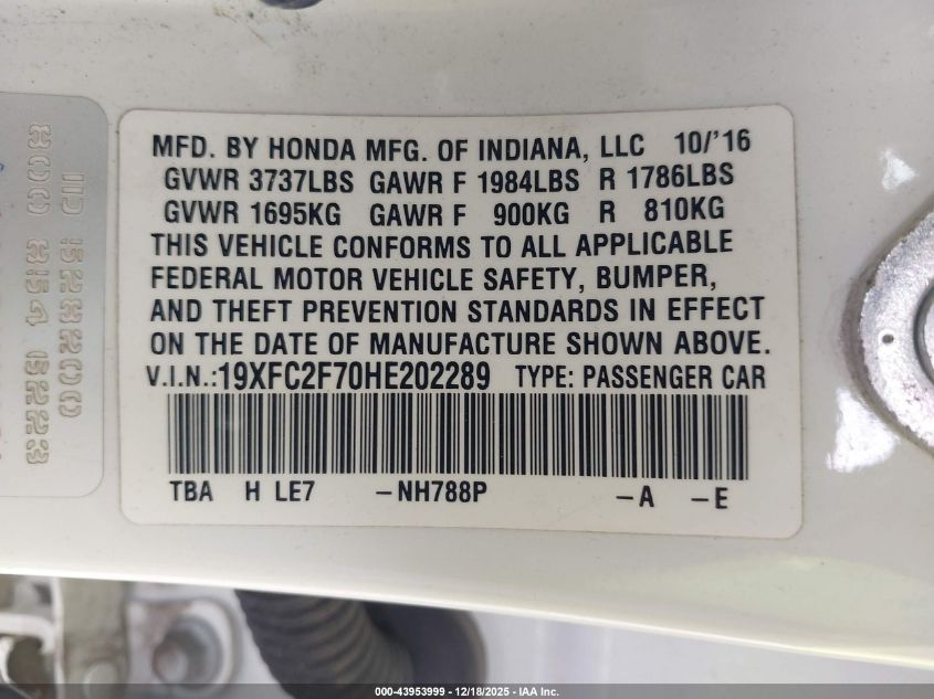 2017 Honda Civic Ex VIN: 19XFC2F70HE202289 Lot: 43953999