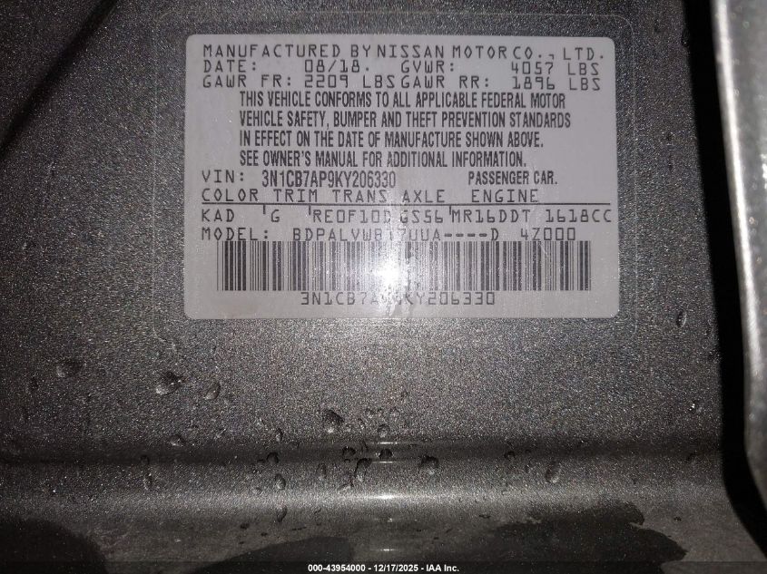 2019 Nissan Sentra Nismo VIN: 3N1CB7AP9KY206330 Lot: 43954000