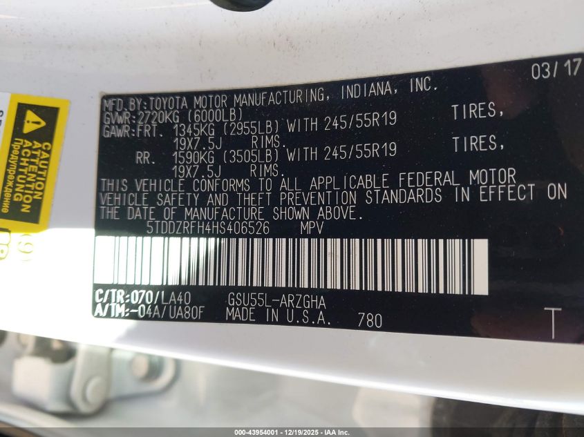 2017 Toyota Highlander Limited VIN: 5TDDZRFH4HS406526 Lot: 43954001