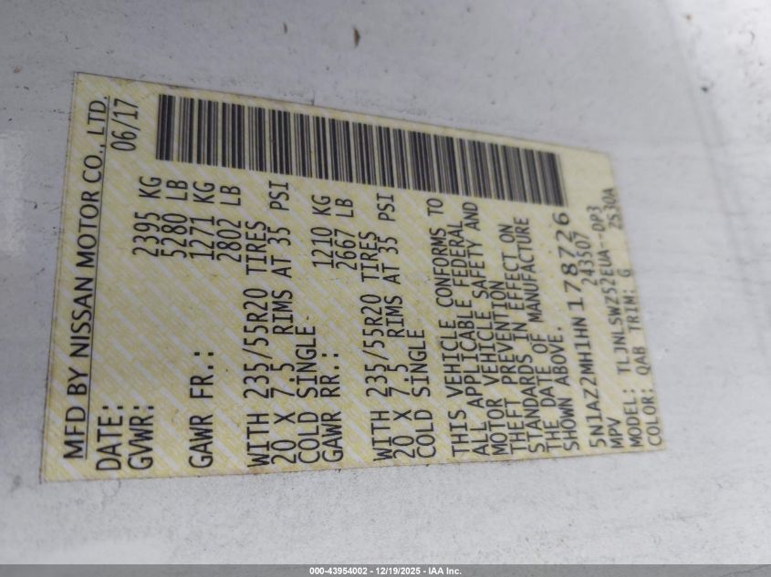 2017 Nissan Murano Platinum VIN: 5N1AZ2MH1HN178726 Lot: 43954002