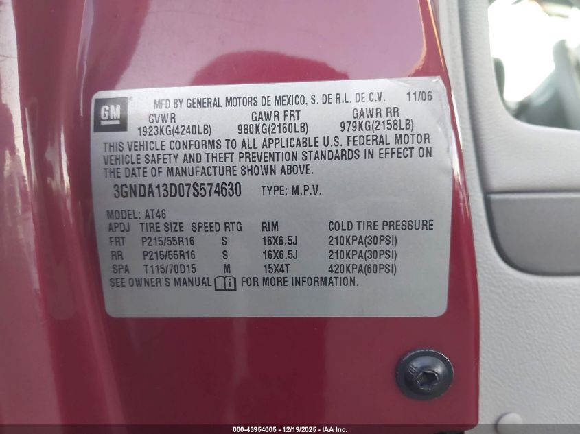 2007 Chevrolet Hhr Ls VIN: 3GNDA13D07S574630 Lot: 43954005
