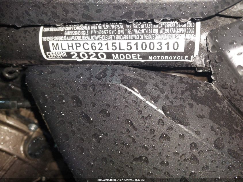 2020 Honda Cbr500 R VIN: MLHPC6215L5100310 Lot: 43954008