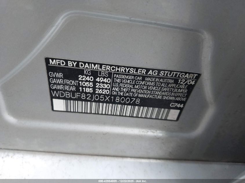 2005 Mercedes-Benz E 320 4Matic VIN: WDBUF82J05X180078 Lot: 43954009