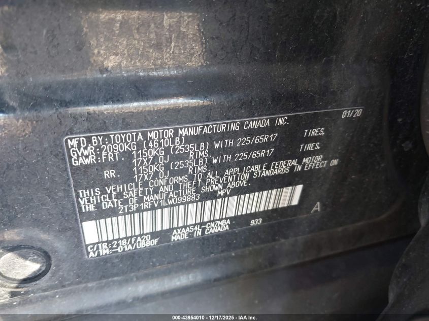 2020 Toyota Rav4 Xle VIN: 2T3P1RFV1LW099883 Lot: 43954010