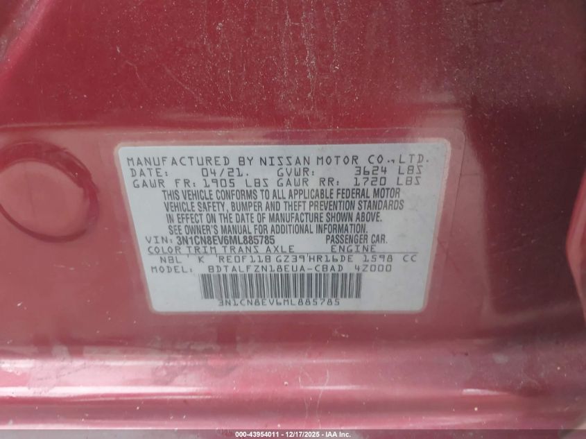 2021 Nissan Versa Sv Xtronic Cvt VIN: 3N1CN8EV6ML885785 Lot: 43954011