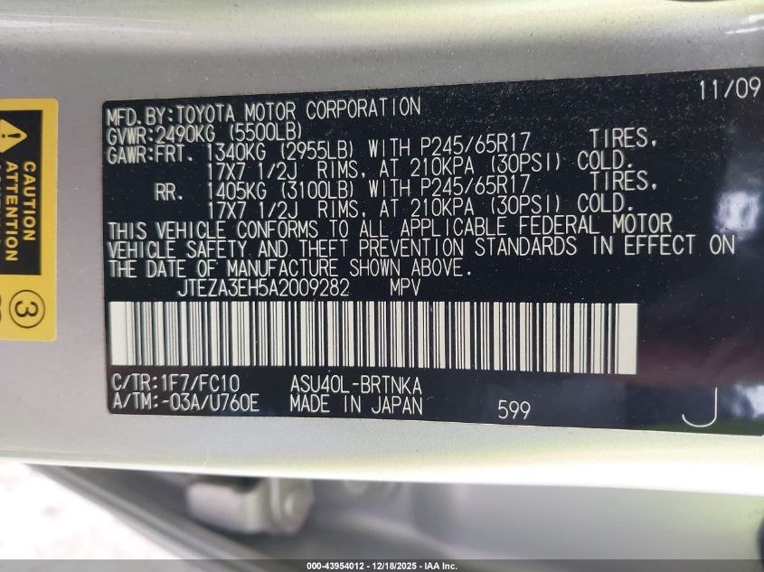 2010 Toyota Highlander VIN: JTEZA3EH5A2009282 Lot: 43954012