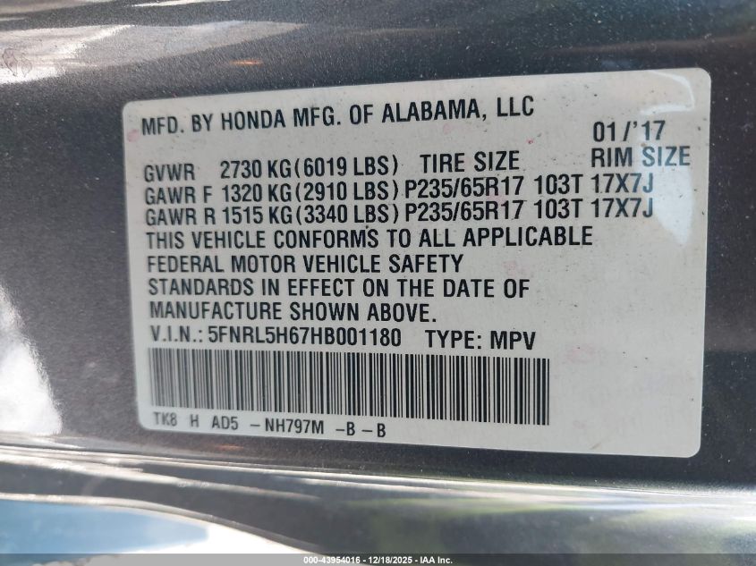 2017 Honda Odyssey Ex-L VIN: 5FNRL5H67HB001180 Lot: 43954016