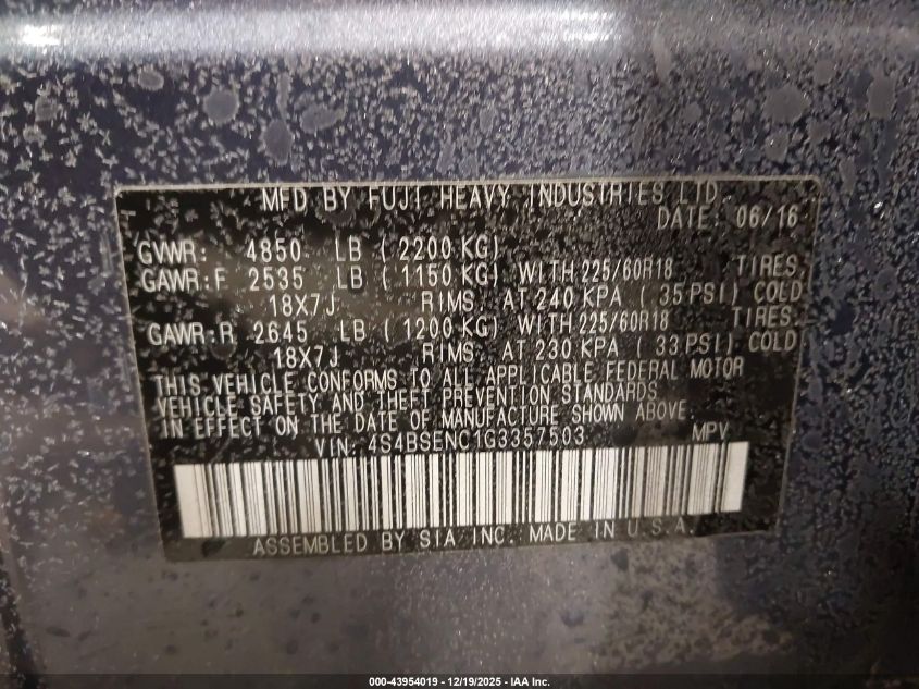 2016 Subaru Outback 3.6R Limited VIN: 4S4BSENC1G3357503 Lot: 43954019