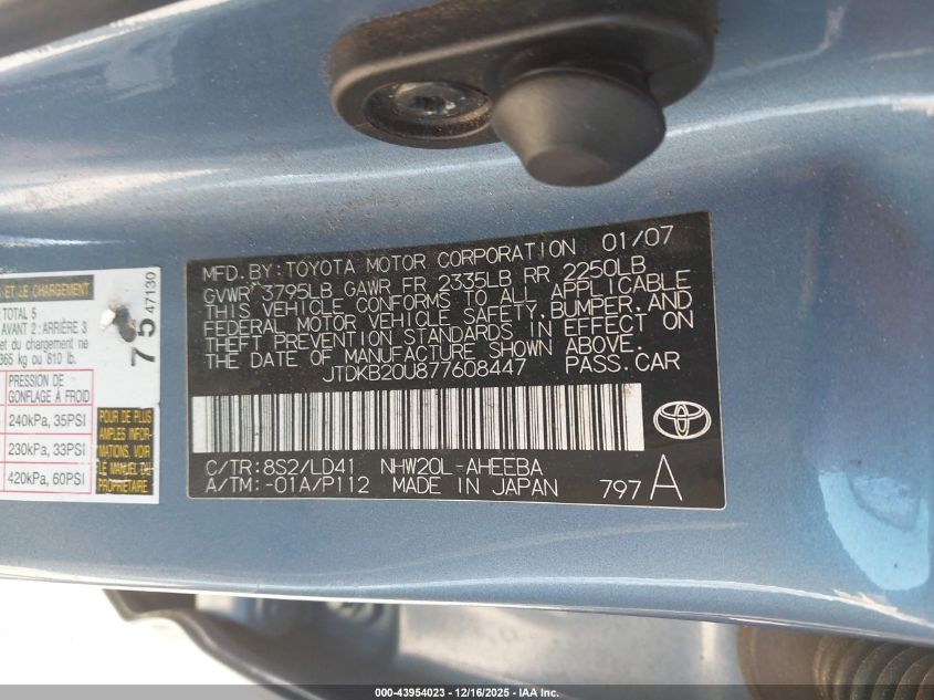 2007 Toyota Prius VIN: JTDKB20U877608447 Lot: 43954023