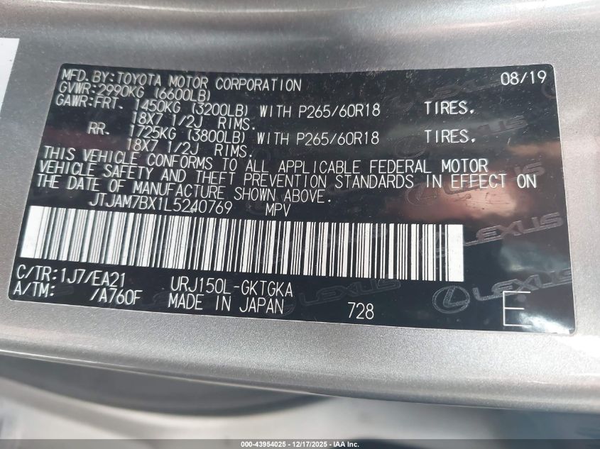 2020 Lexus Gx 460 Premium VIN: JTJAM7BX1L5240769 Lot: 43954025