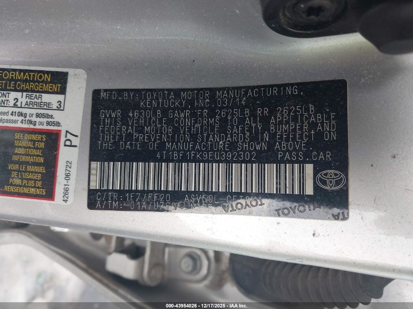 2014 Toyota Camry Se VIN: 4T1BF1FK9EU392302 Lot: 43954026