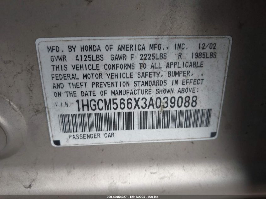 2003 Honda Accord 2.4 Ex VIN: 1HGCM566X3A039088 Lot: 43954027