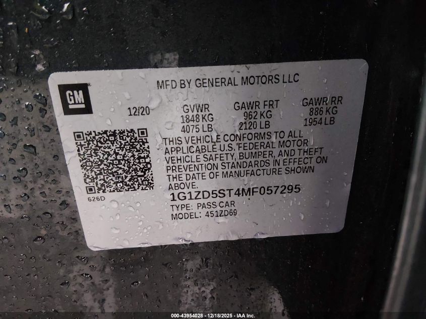 2021 Chevrolet Malibu Fwd Lt VIN: 1G1ZD5ST4MF057295 Lot: 43954028