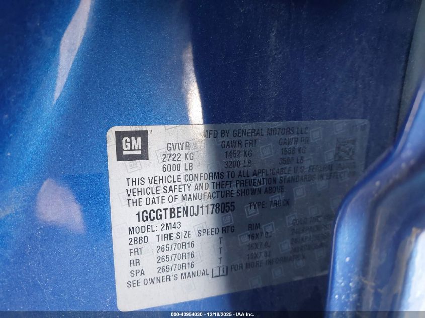 2018 Chevrolet Colorado Wt VIN: 1GCGTBEN0J1178055 Lot: 43954030