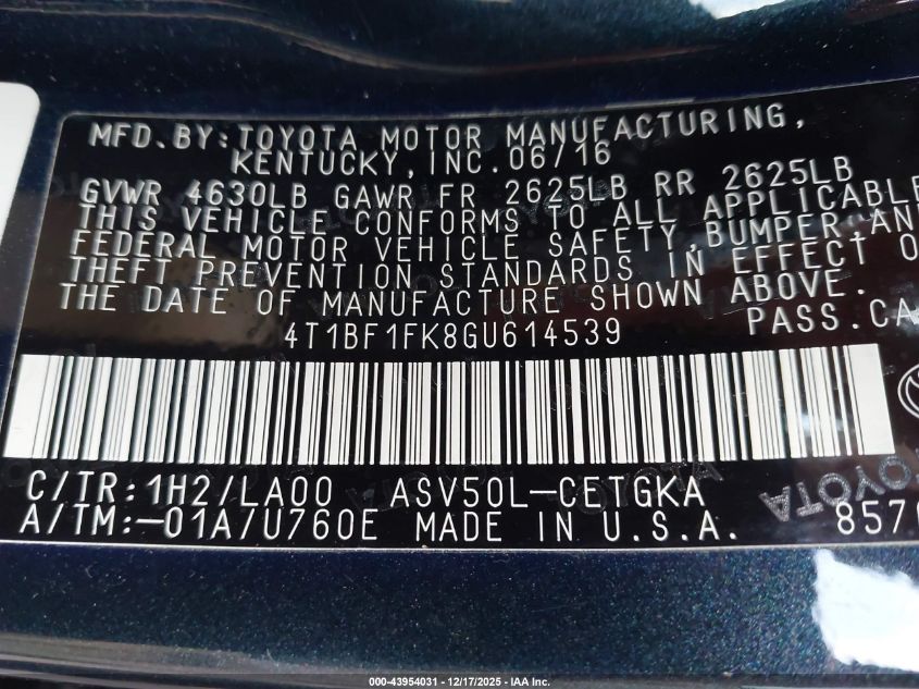2016 Toyota Camry Xle VIN: 4T1BF1FK8GU614539 Lot: 43954031