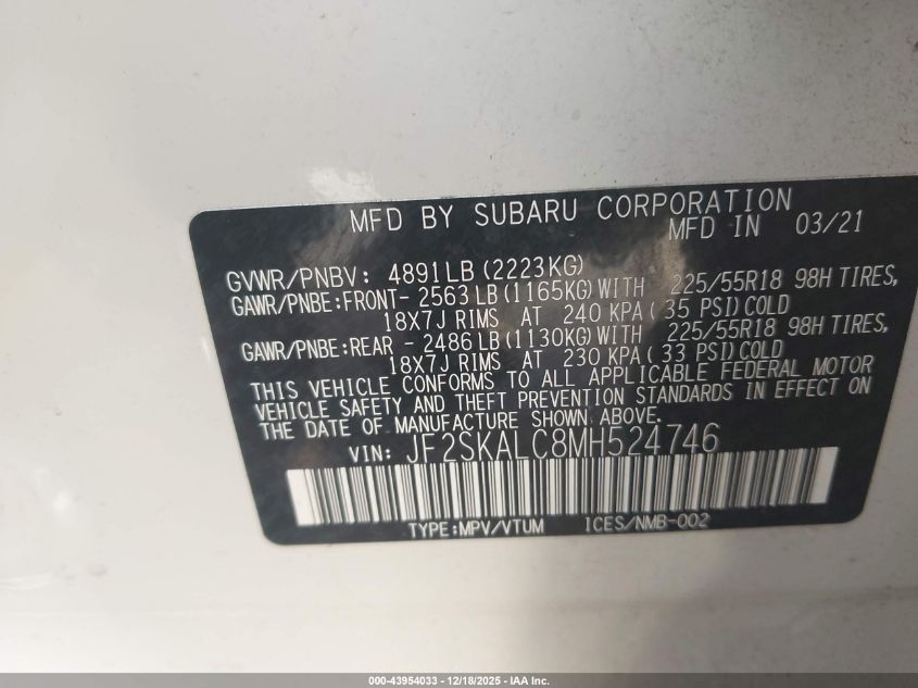 2021 Subaru Forester Sport VIN: JF2SKALC8MH524746 Lot: 43954033
