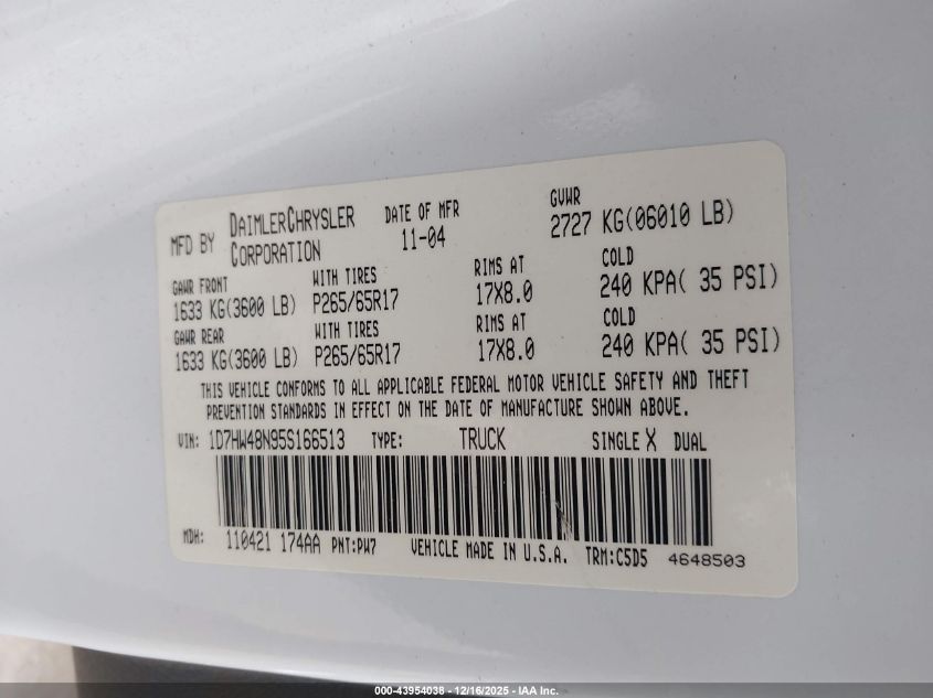 2005 Dodge Dakota Slt VIN: 1D7HW48N95S166513 Lot: 43954038