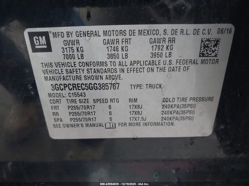 2016 Chevrolet Silverado 1500 1Lt VIN: 3GCPCREC5GG385767 Lot: 43954039