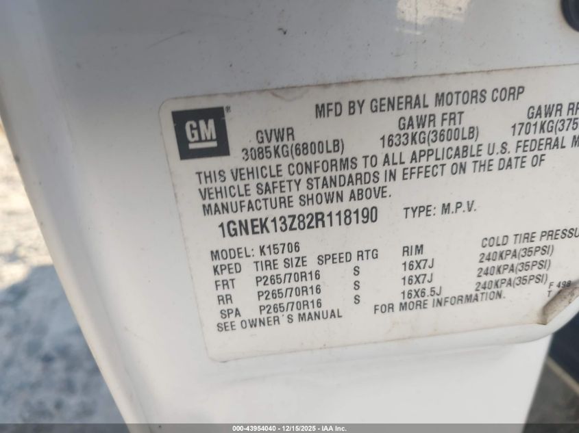 2002 Chevrolet Tahoe Lt VIN: 1GNEK13Z82R118190 Lot: 43954040