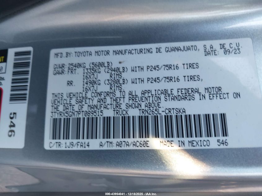 2023 Toyota Tacoma Sr VIN: 3TYRX5GN7PT089515 Lot: 43954041