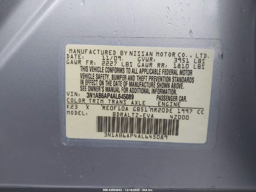 2010 Nissan Sentra 2.0Sr VIN: 3N1AB6AP4AL645089 Lot: 43954042