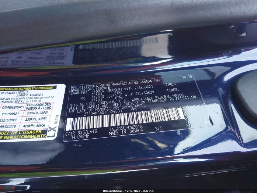 2026 Lexus Rx 350 Luxury VIN: 2T2BAMCA0TC124681 Lot: 43954043