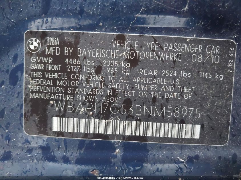 2011 BMW 328I VIN: WBAPH7G53BNM58975 Lot: 43954045