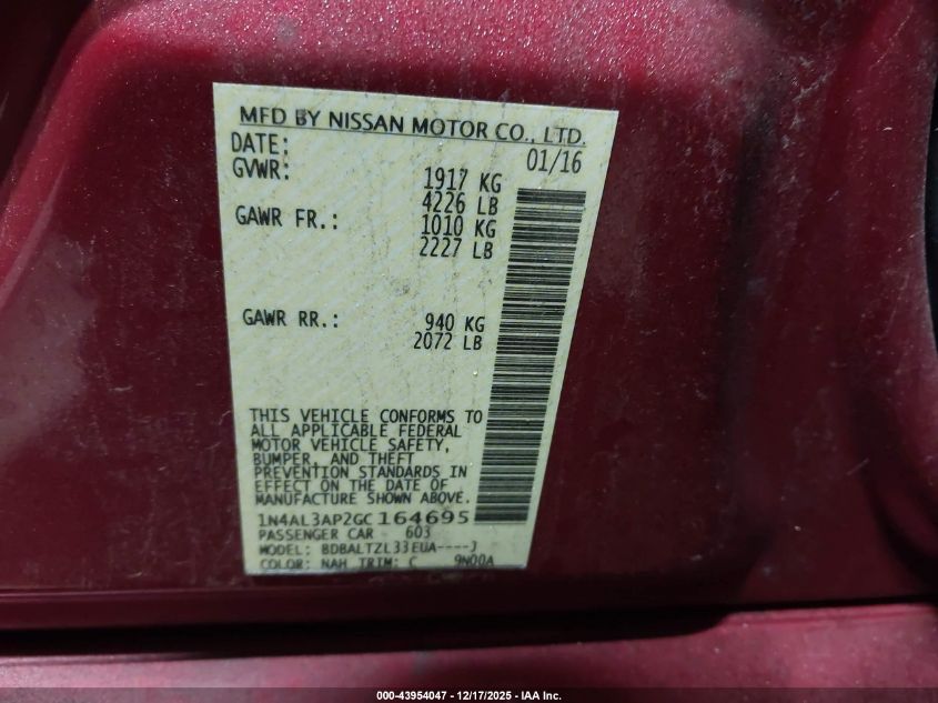 2016 Nissan Altima 2.5 Sl VIN: 1N4AL3AP2GC164695 Lot: 43954047