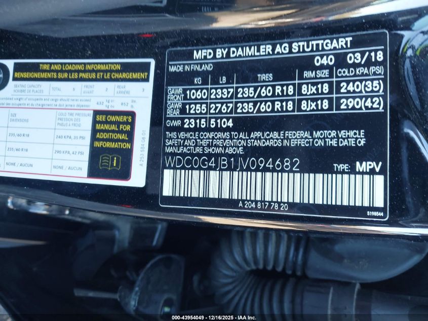 2018 Mercedes-Benz Glc 300 VIN: WDC0G4JB1JV094682 Lot: 43954049