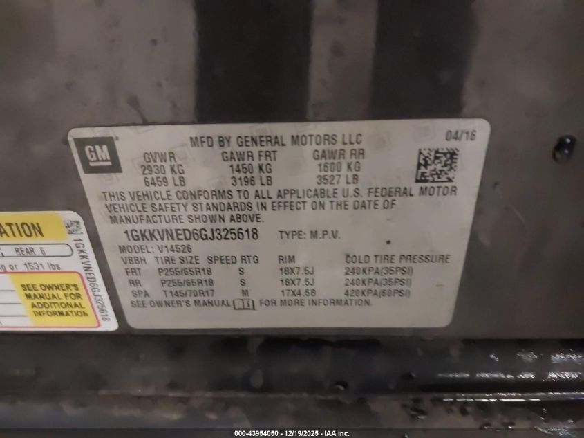 2016 GMC Acadia Sle-1 VIN: 1GKKVNED6GJ325618 Lot: 43954050