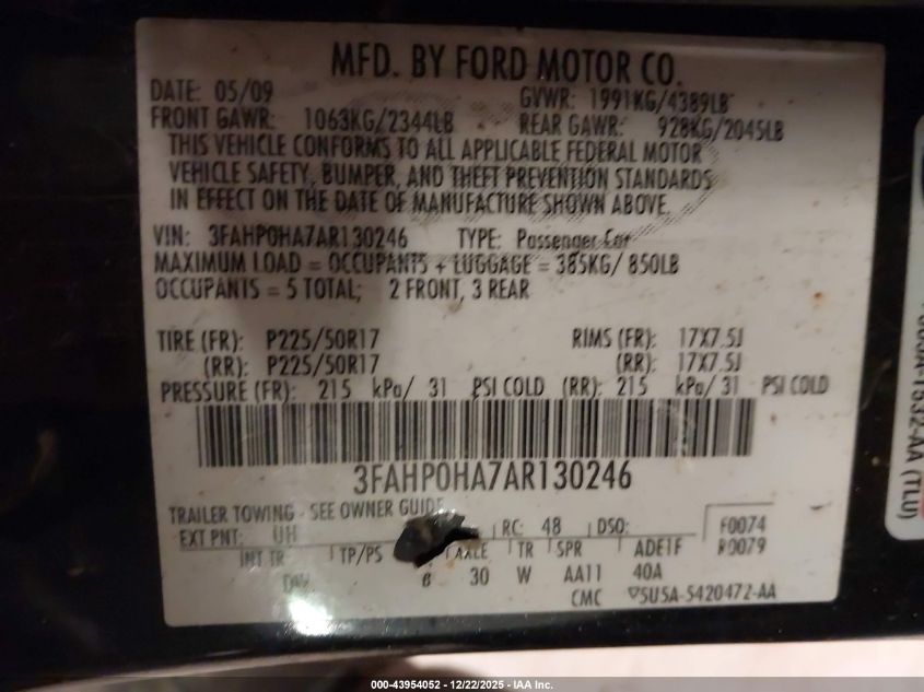 2010 Ford Fusion Se VIN: 3FAHP0HA7AR130246 Lot: 43954052