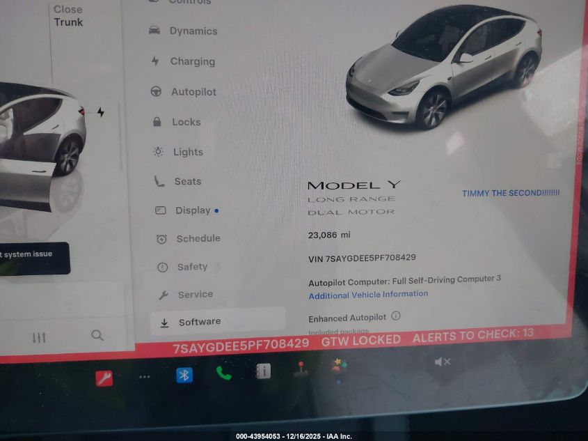2023 Tesla Model Y Awd/Long Range Dual Motor All-Wheel Drive VIN: 7SAYGDEE5PF708429 Lot: 43954053