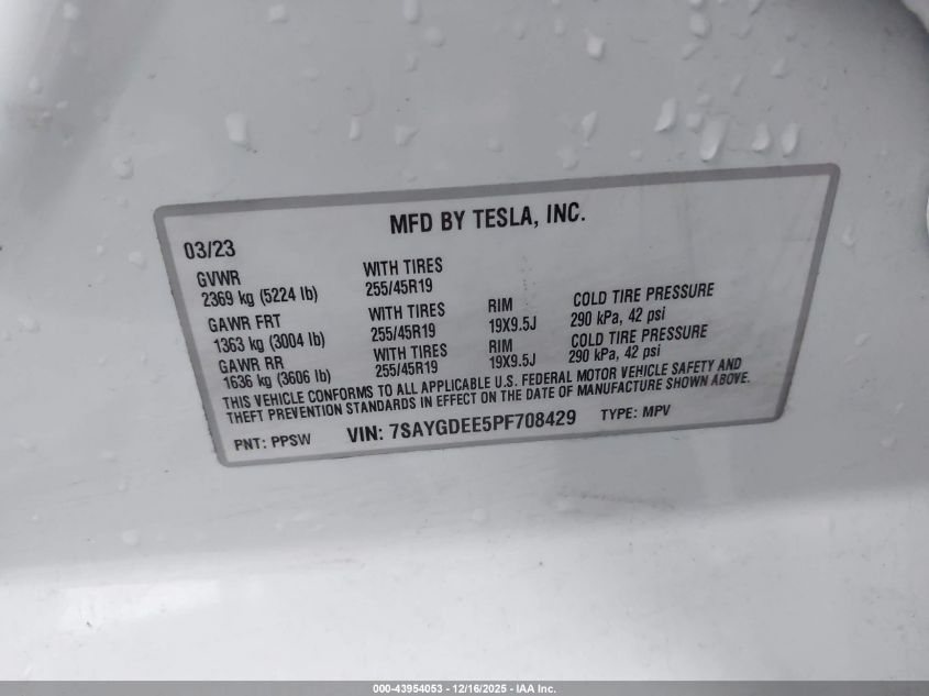 2023 Tesla Model Y Awd/Long Range Dual Motor All-Wheel Drive VIN: 7SAYGDEE5PF708429 Lot: 43954053