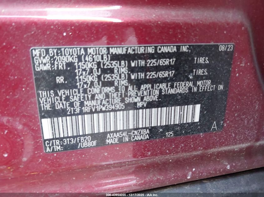 2023 Toyota Rav4 Le VIN: 2T3F1RFV1PW394905 Lot: 43954055