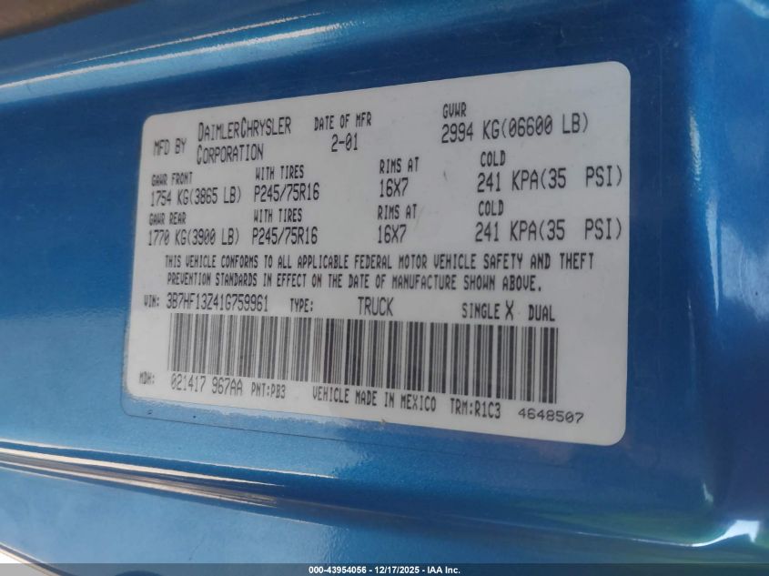 2001 Dodge Ram 1500 St VIN: 3B7HF13Z41G759961 Lot: 43954056