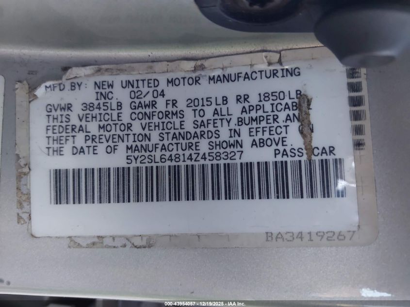 2004 Pontiac Vibe VIN: 5Y2SL64814Z458327 Lot: 43954057