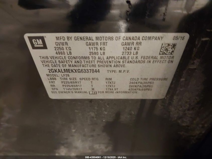 2016 GMC Terrain Sle-1 VIN: 2GKALMEKXG6337844 Lot: 43954061