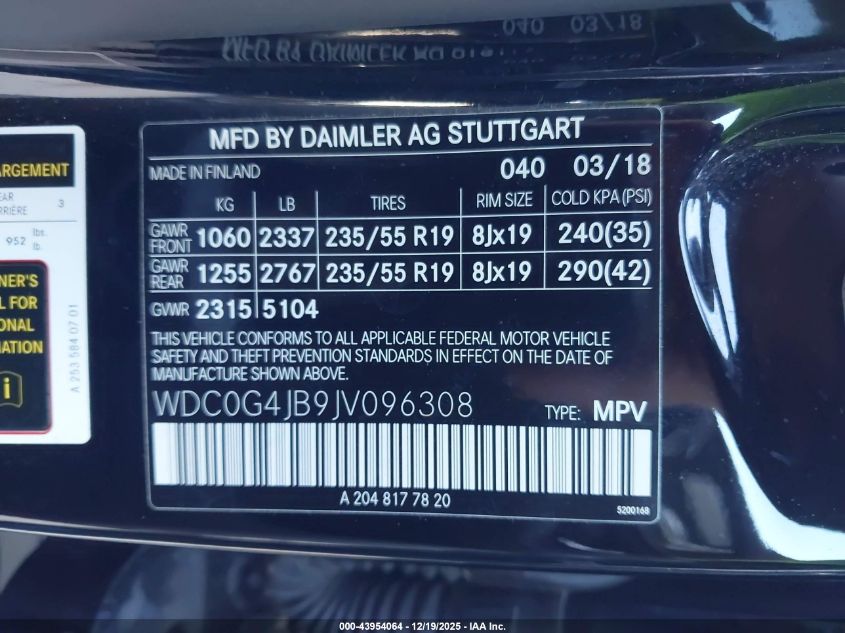 2018 Mercedes-Benz Glc 300 VIN: WDC0G4JB9JV096308 Lot: 43954064