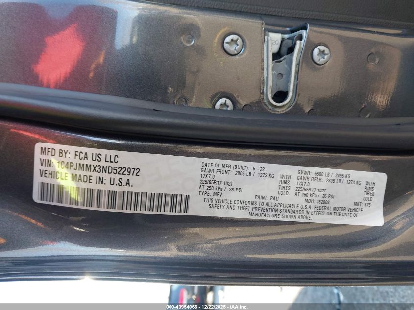 2022 Jeep Cherokee Latitude Lux 4X4 VIN: 1C4PJMMX3ND522972 Lot: 43954066