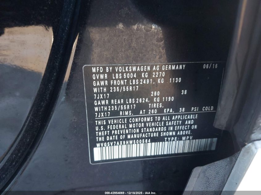 2017 Volkswagen Tiguan 2.0T Wolfsburg Edition VIN: WVGSV7AX9HW500564 Lot: 43954069