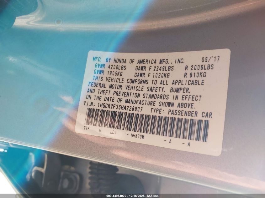 2017 Honda Accord Lx VIN: 1HGCR2F35HA228907 Lot: 43954070