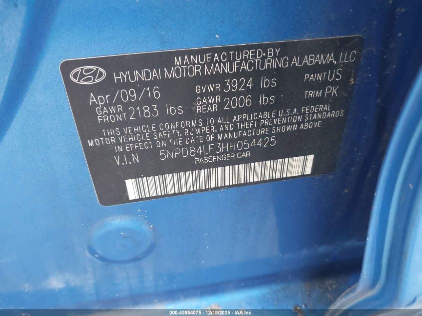 2017 Hyundai Elantra Se VIN: 5NPD84LF3HH054425 Lot: 43954075