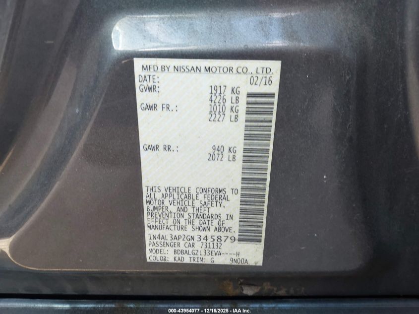 2016 Nissan Altima 2.5 S VIN: 1N4AL3AP2GN345879 Lot: 43954077