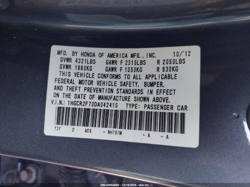 2013 Honda Accord Ex VIN: 1HGCR2F70DA042415 Lot: 43954080