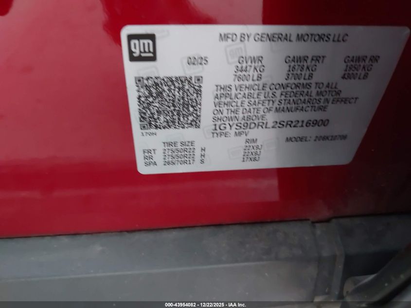 2025 Cadillac Escalade Premium Luxury Platinum VIN: 1GYS9DRL2SR216900 Lot: 43954082