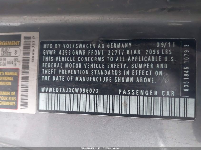 2012 Volkswagen Gti 2-Door VIN: WVWED7AJ3CW096072 Lot: 43954081