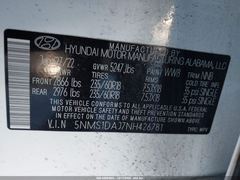 2022 Hyundai Santa Fe Se VIN: 5NMS1DAJ7NH426781 Lot: 43954083
